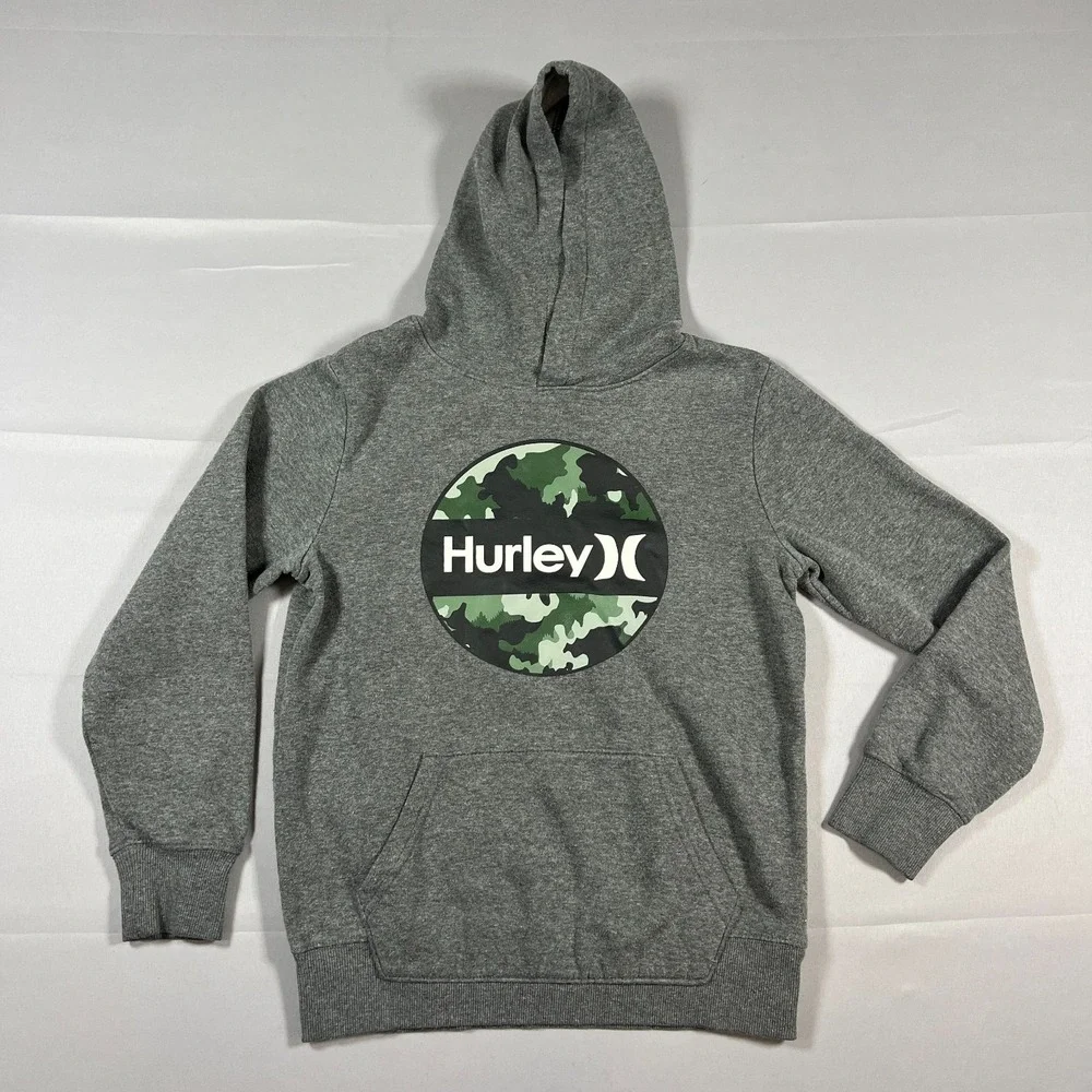 Hurley Pullover Hoodie Boys 10-12 Gray Fleece Lined Graphic Kangaroo Pocket